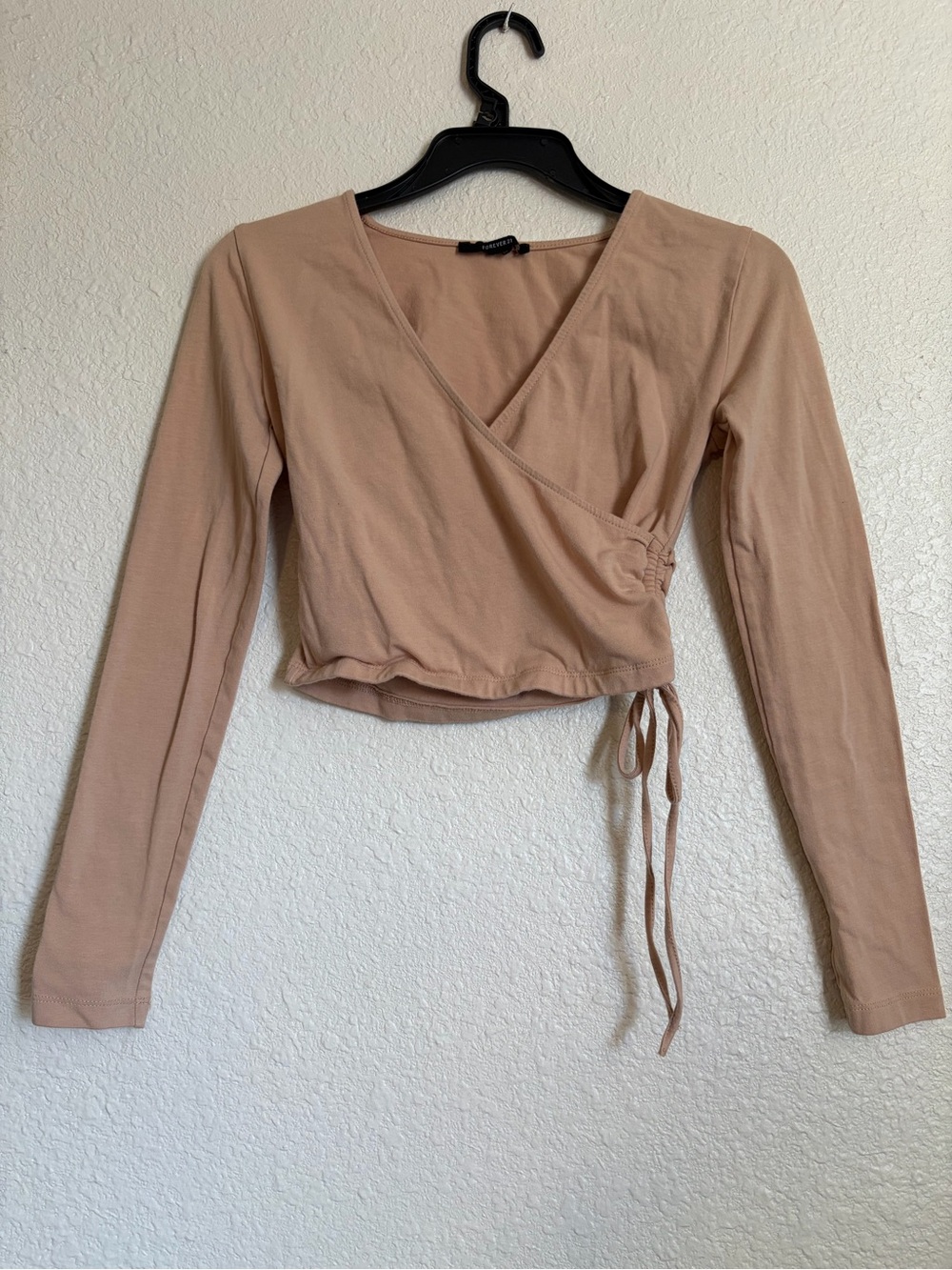 Forever 21 Tan Wrap-Front Long Sleeve Crop Top